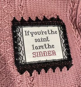 SUBMIT and SINNER framed cross stitch
